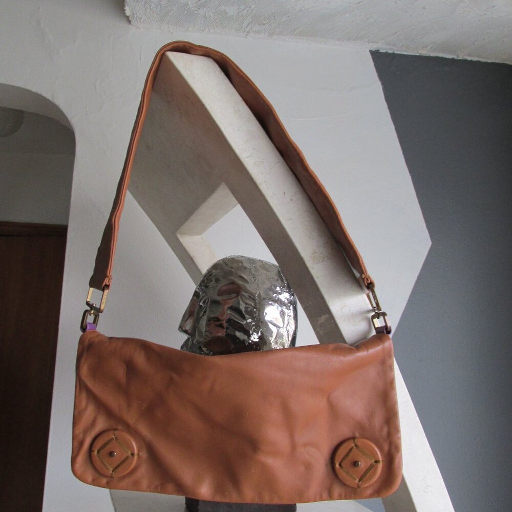 Prada 2001 Runway brown/Purple Two Tone Leather Flap Wide Strap Shoulder Purse